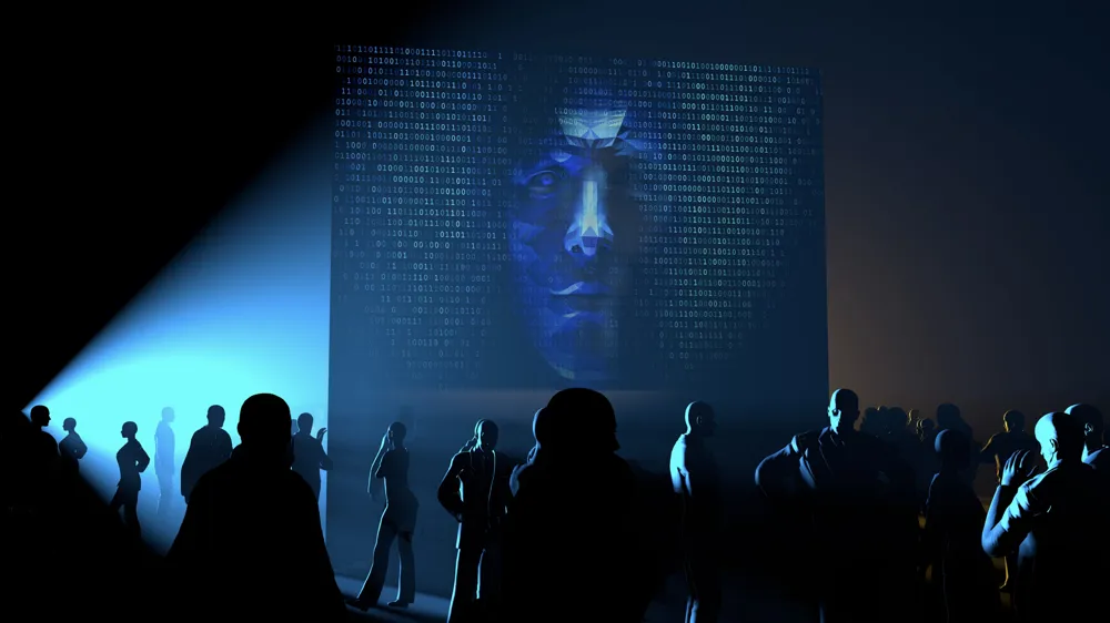 Alt text: Robotic face peeking through an animated binary code screen at subway station in the future.